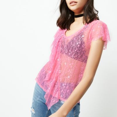 Bright pink lace front ruffle top